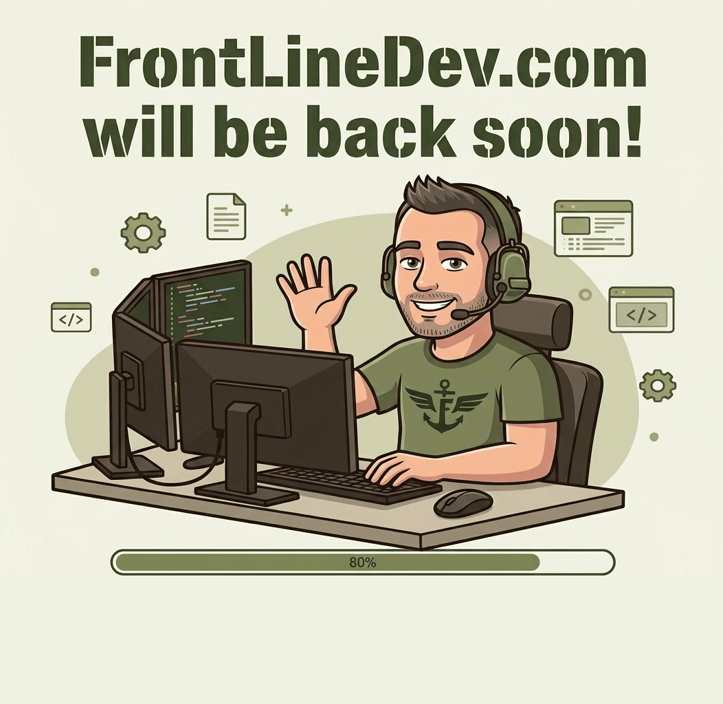 FrontLineDev.com will be back soon. Illustration of a developer waving at a desk with a progress bar at 80 percent.